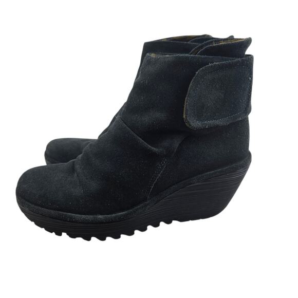 Fly London Yegi Wedge Ankle Boots Womens 6.5 7 37 Black Suede Slouchy Platform - Picture 5 of 10
